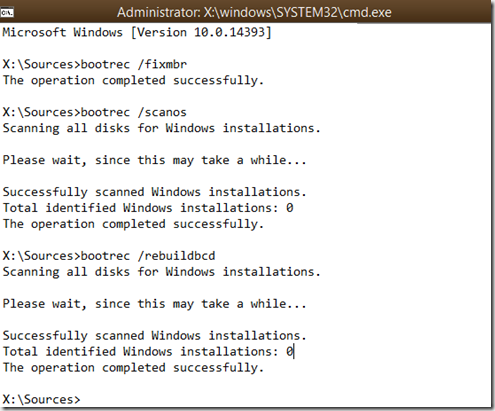 Bootrec Total Identified Windows Installations 0